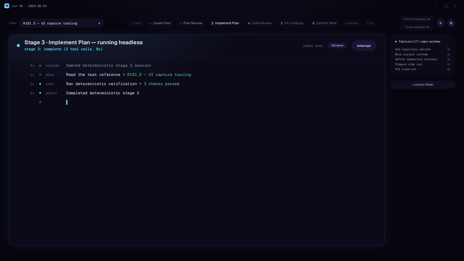 Nexus live activity feed while the Implement Plan step runs